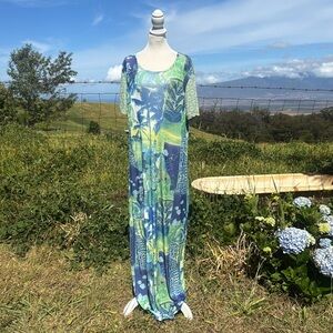 Vintage 90s Y2K CITe Blue Green Hawaiian hula Fish Print Short Sleeve Maxi Dress